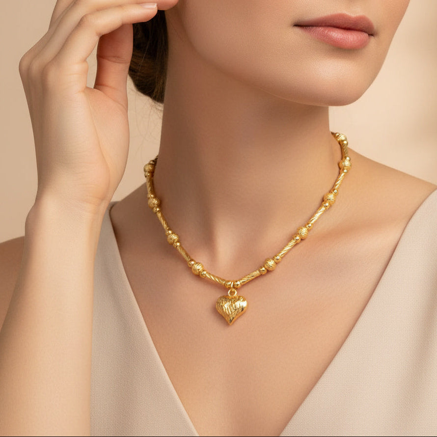 Paquete 2pz Collar de Goldfiled Cuentas Grabadas con Dije Corazón mod. 16011