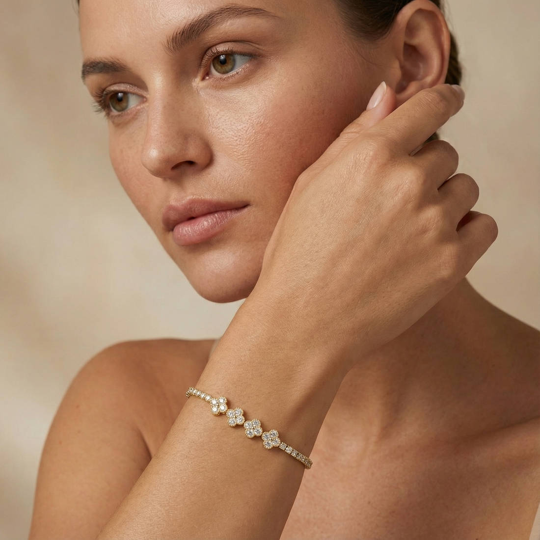 Paquete 3pz Pulsera Goldfilled Trébol Blanco mod. 13030