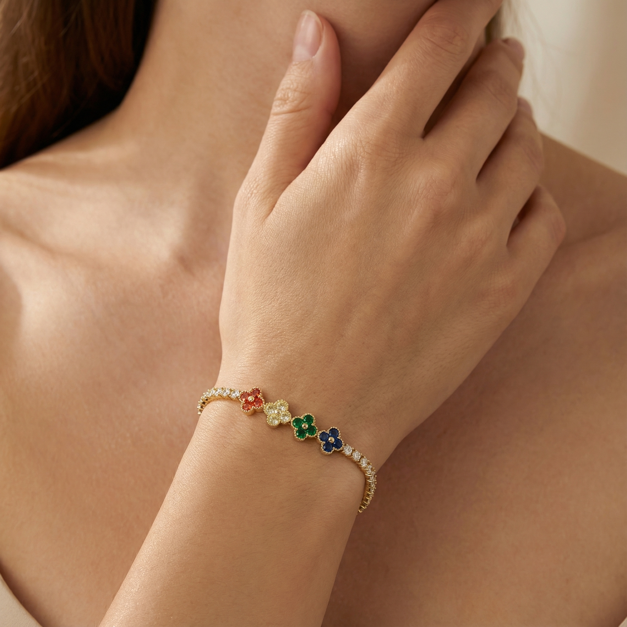 Paquete 3pz Pulseras Goldfilled Trébol de Colores mod. 13025