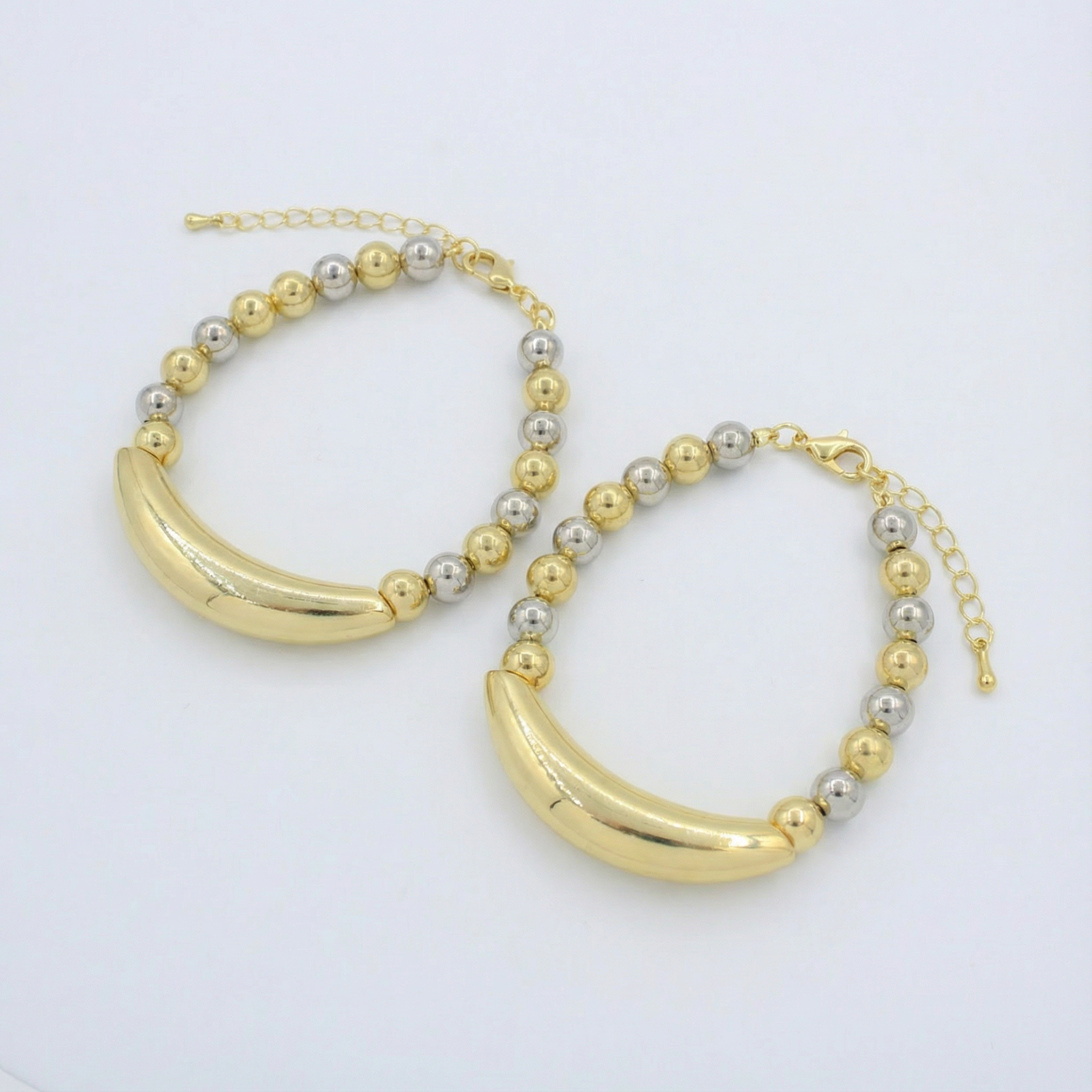 Paquete Pulsera Goldfilled 2pz Barra Curva y Esferas mod. 13039