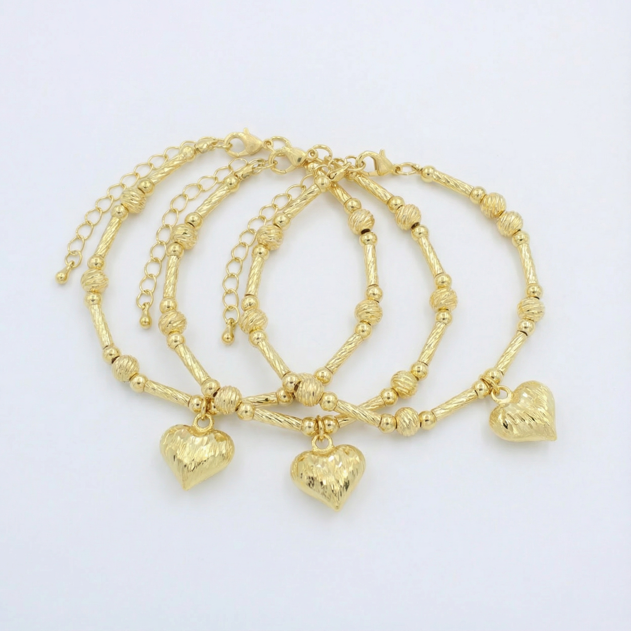Paquete Pulsera Goldfilled 3pz Corazón Inflado Brillante mod. 13038