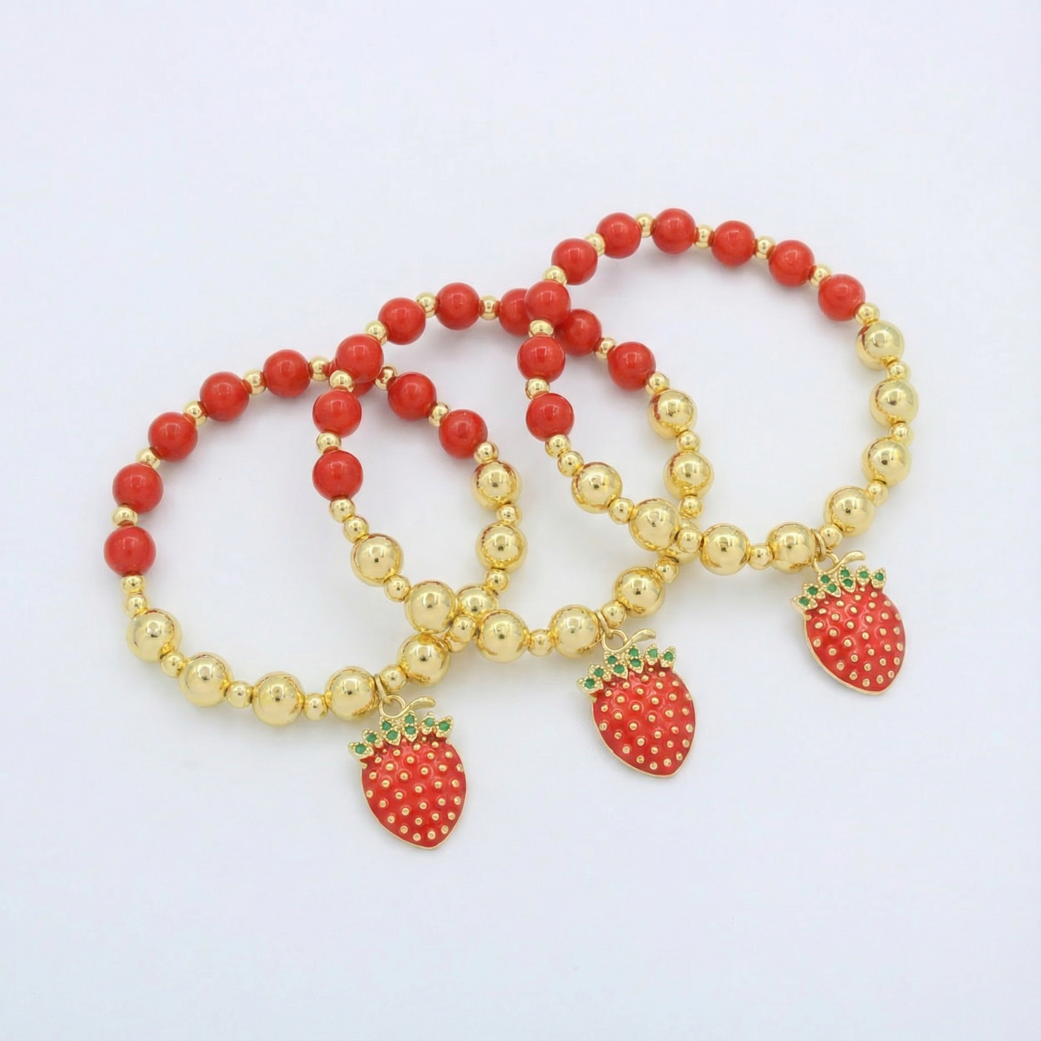 Paquete Pulsera Goldfilled 3pz con Fresa Colgante Brillante mod. 13034