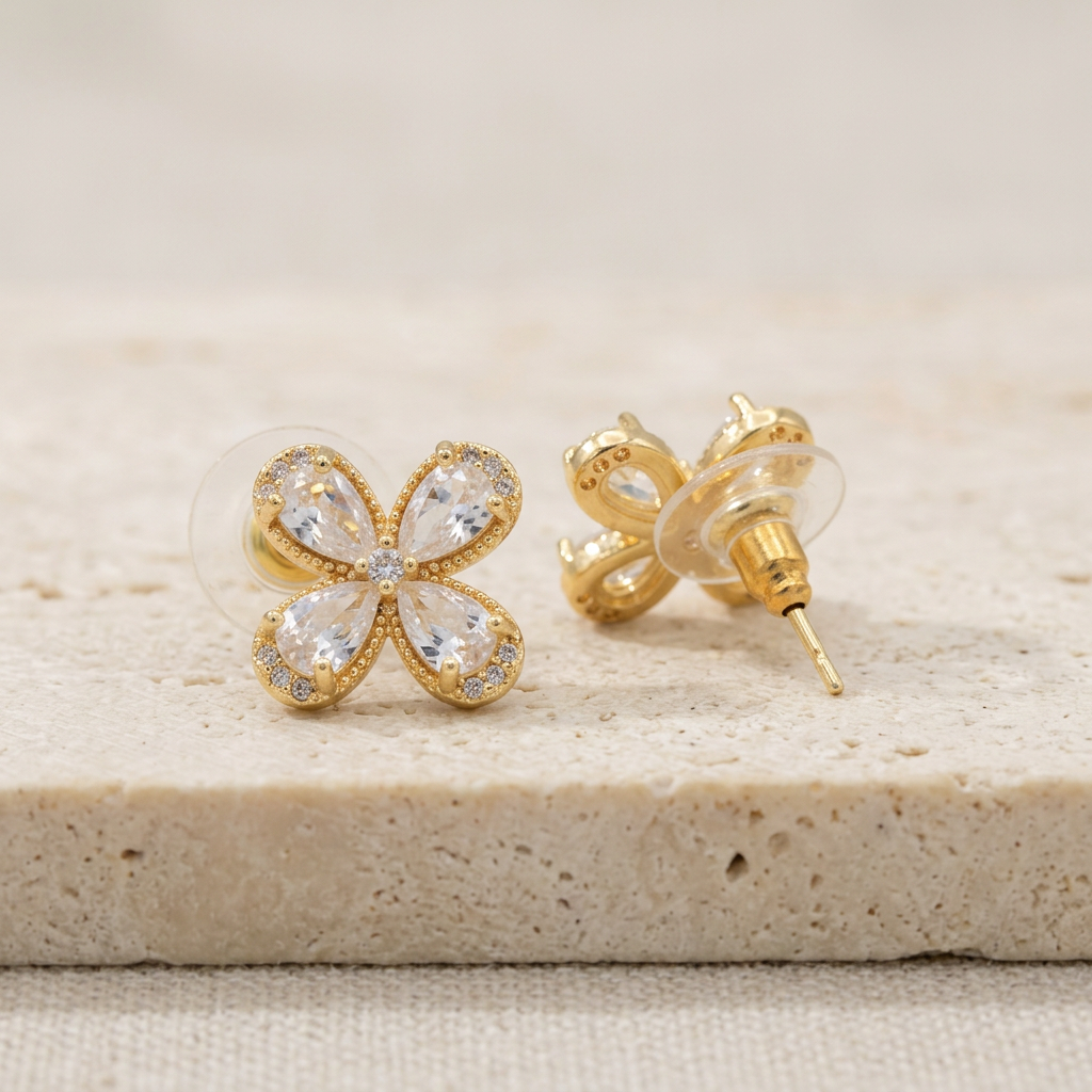 Coordinado de Oro Laminado de Flor Radiante con Zirconia Blanca mod.1572