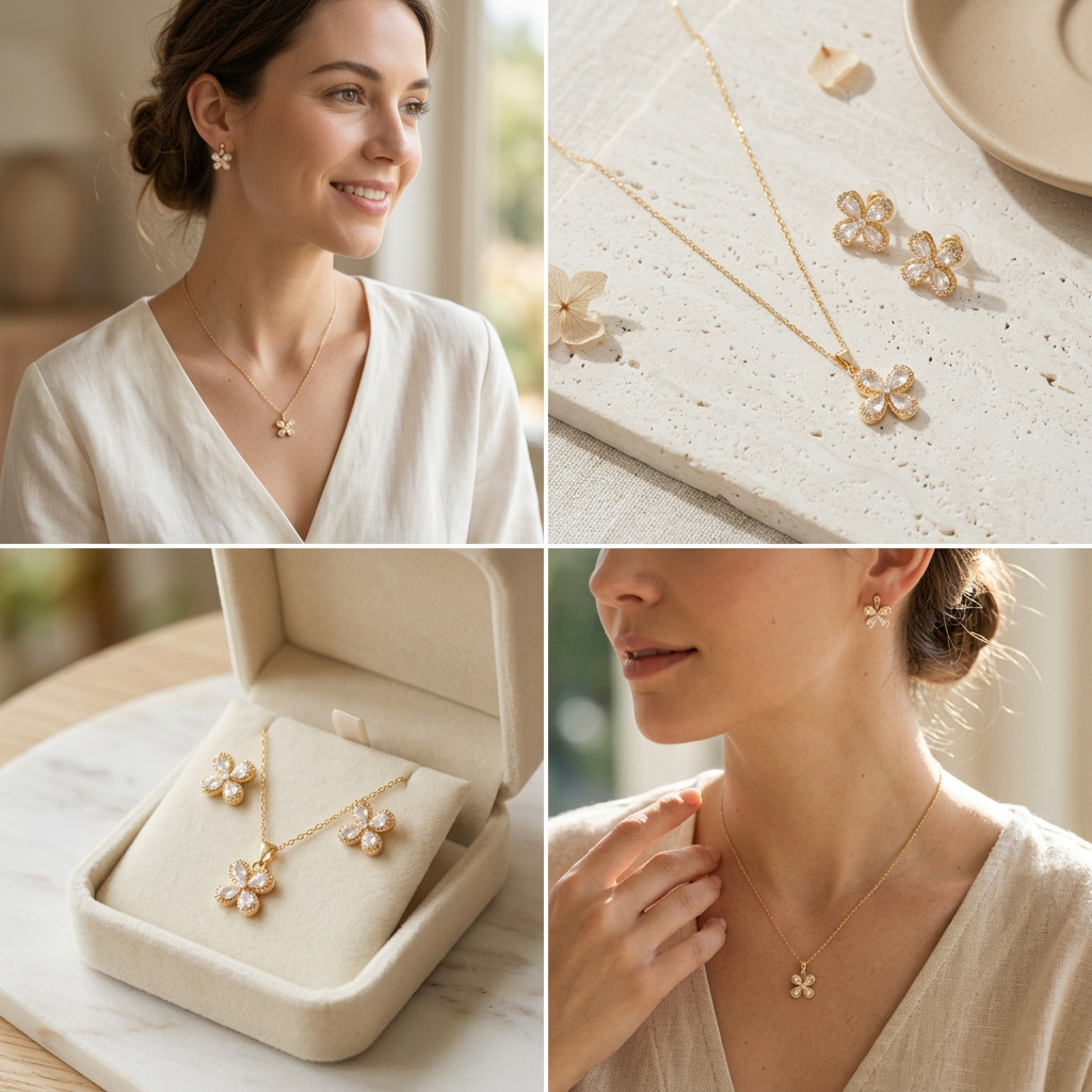 Coordinado de Oro Laminado de Flor Radiante con Zirconia Blanca mod.1572