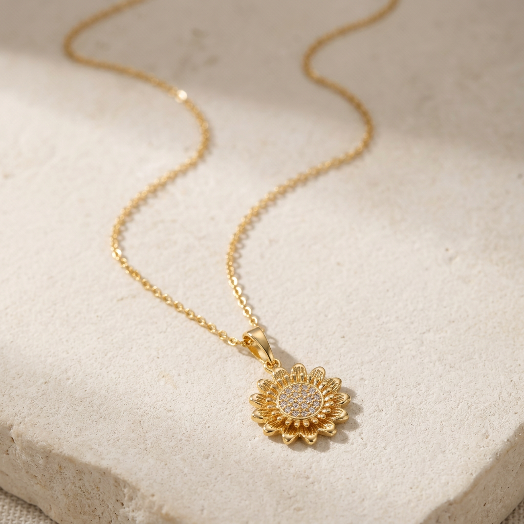 Coordinado de Oro Laminado con Diseño de Margarita con Incrustación de Zirconia mod.1575