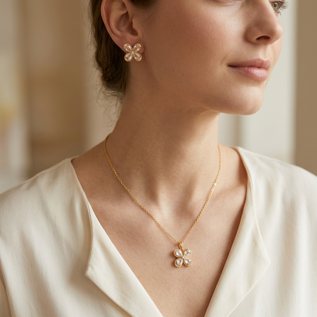 Coordinado de Oro Laminado de Flor Radiante con Zirconia Blanca mod.1572