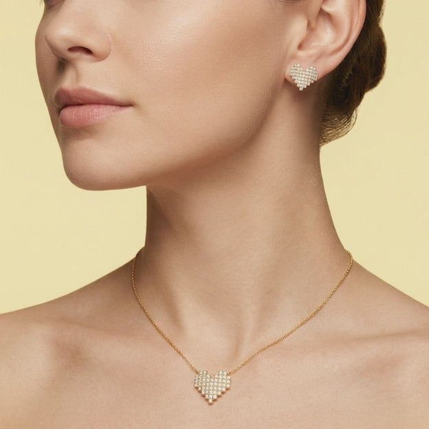 Set de Goldfilled Gargantilla y Aretes con Diseño de Corazón e Incrustación de Zirconias mod. 1364