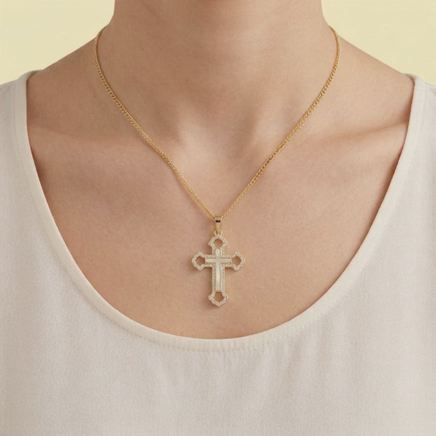 Dije de Goldfilled con Diseño de Cruz con Madre Perla y Zirconia mod.1274