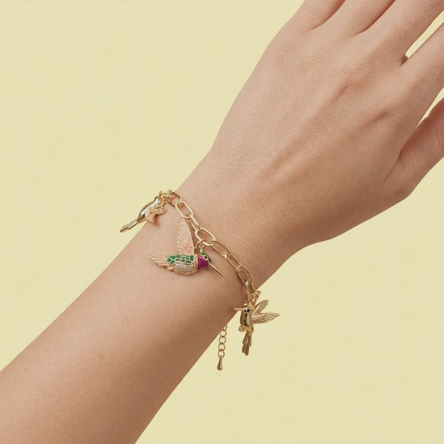 Pulsera de Oro Laminado Colibri Morado con Verde y Zirconia mod. 1476
