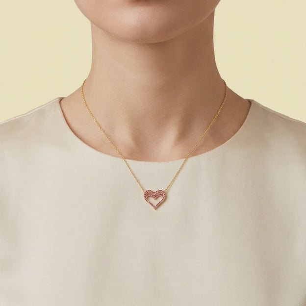 Gargantilla de Oro Laminado con Diseño de Corazón Hueco y Zirconia Fucsia mod. 1473